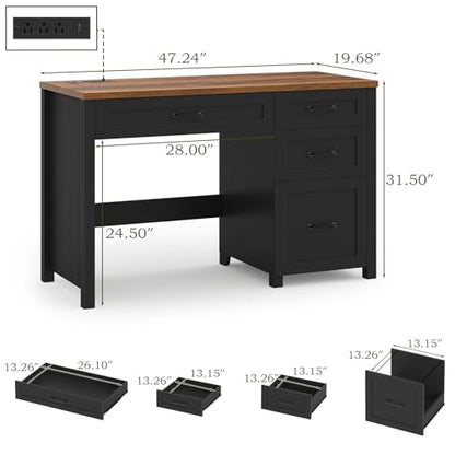 Farmhouse 47" Executive Desk, Computer Desk with File Drawer, Black Brown - color: Black Brown, size: Right Mounted
