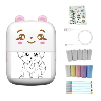 Sticker Printer with 10 PaperRolls ，Mini Portable Thermal Printing Pod， Ink-Free Bluetooth Label Maker Perfect Girls, DIY Crafts, Journals, Photos, Office & Home Use Printing Gift (Pink) - color: Pink