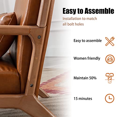 INZOY Mid Century Modern Accent Chair with Wood Frame, PU Leather Reading Armchair with Waist Cushion, Upholstered Living Room Chairs for Bedroom Sunroom (Camel) - color: A-camel