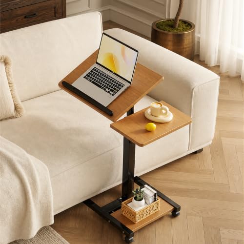 Laptop Desk Stand for Bed Portable Desk Overbed Bedside Mobile Laptop Table Rolling Foldable Table Adjustable Height with Locked Wheels & Mouse Pad for Office Sofa (Natural Color) - color: Natural Color