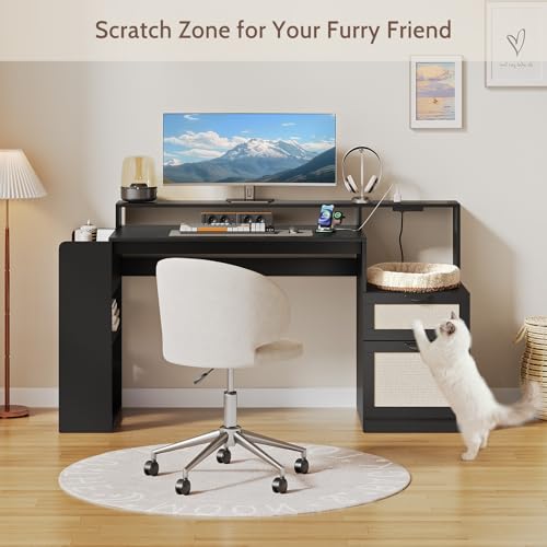 Farmhouse Computer Desk with Drawers and Power Outlets, 60” Home Office Desk with Adjustable File Drawer, Cat Scratching Pad, Printer Stand, Shelves & Monitor Riser, Black