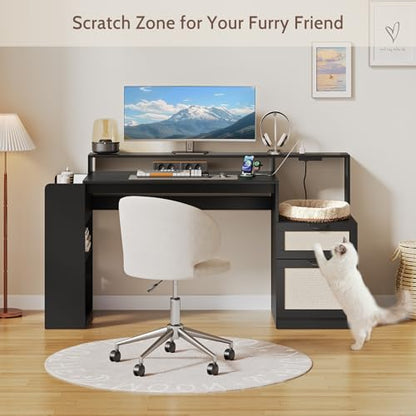 Farmhouse Computer Desk with Drawers and Power Outlets, 60” Home Office Desk with Adjustable File Drawer, Cat Scratching Pad, Printer Stand, Shelves & Monitor Riser, Black