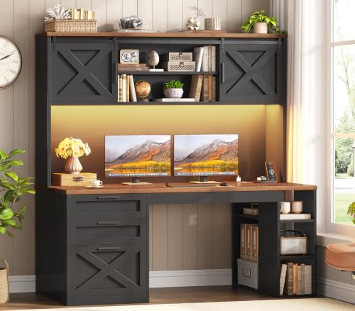 SEDETA 55.1" Farmhouse Desk with Hutch & 3 Storage Drawers | Executive Computer Desk with Storage Cabinet and Shelves, Home Office Desk with power outlet & LED Lights, Black and Brown - color: Black and Brown, size: Desk with hutch(55")