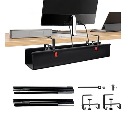 28" No Drill Under Desk Cable Management Tray - Upgraded Oxford Fabric with Cable Loop, No Damage to Table for Standing Desks and Home Office (Regular (28 Inch))