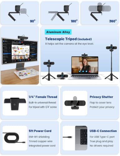 Pro UHD 4K/30fps Webcam with Tripod, External USB-C Camera for PC/Laptop | Dual noise-cancelling mics | Auto-focus | Wide-angle | Low-light correction | 360° rotation | CMOS sensor | Plug and Play - style: 4K | 30fps | USB-C Cable | Tripod Included