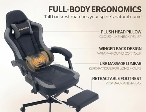 Office Desk Computer Gaming Chair for Adults, Ergonomic High Back Gamer Chair with Massage and Pocket Spring Cushion, Swivel Comfy Video Game Chairs with Footrest and Lumbar Support (Black Grey) - color: Base Grey Leather