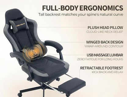 Office Desk Computer Gaming Chair for Adults, Ergonomic High Back Gamer Chair with Massage and Pocket Spring Cushion, Swivel Comfy Video Game Chairs with Footrest and Lumbar Support (Black Grey) - color: Base Grey Leather