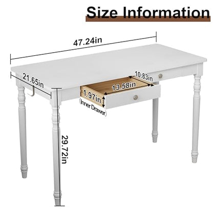 100% White Solid Wood Desk 47" Wooden Desk with 2 Drawers | Mid Century Modern Desk, Writing Desk Computer Table for Home, Office, Bedroom, Living Room - color: White, size: 47.2" x 21.7"