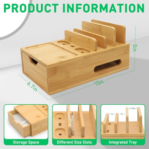 Bamboo Charging Station for Multiple Devices, Desktop Wood Charger Organizer with Drawer & Tray -Included 6 Cables, Compatible with Multi Devices, Cell Phone, Tablet, Earphones (No USB Charger)