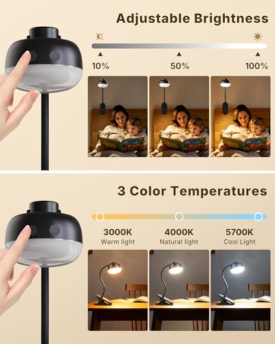 Pebble-Shaped Clip on Reading Light with Detachable Lamp Head, 5000mAh Rechargeable Battery, 360° Ambient Glow, Remote & Timer, Stepless Dimming, 12inch Gooseneck Clamp Lamp for Bed Headboard & Desk