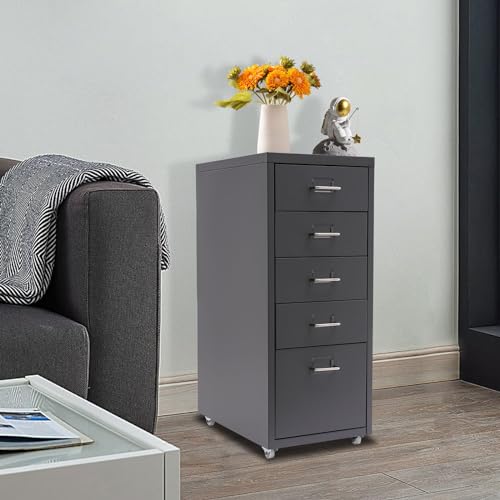 Metal Filing Cabinet with Wheels, 5 Drawers Mobile Storage Cabinet Small Printer Stand Vertical Organizer for Home Office - color: Grey