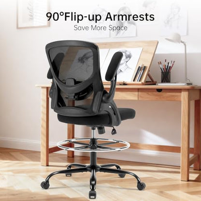 Drafting Chair Ergonomic Comuputer Standing Desk Chair with Flip-Up Arms and Lumbar Support, Tall Office Chair with Adjustable Footrest, Stool Counter Height Office Chairs Black
