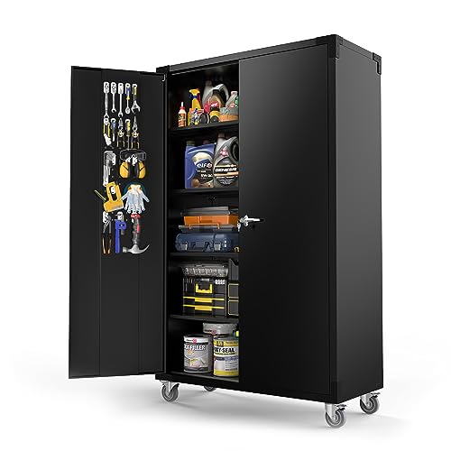 VINGLI Upgraded Wide & Deep Garage Storage Cabinet, Metal Storage Cabinet with Pegboards, Wheels, Locking Doors and Adjustable Shelves (Black, 43''W x 20''D x 72''H) - color: Black, size: Larger 72'' Rolling Cabinet (2-Door)