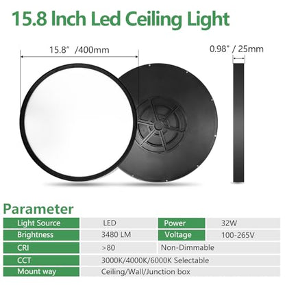 15.8Inch 2PK Black LED Flush Mount Ceiling Light,32W,3480LM,3CCT Selectable | 3000K/4000K/6000K CCT Selectable, Black Close to Ceiling Round Flat Panel Light, Super Slim LED Ceiling Light for Bedroom - color: Black, size: 2PK
