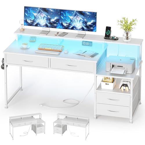 MUTUN 53" Computer Desk with 4 Drawers & Power Outlets, Reversible Home Office Desk with Monitor Stand & Printer Stand, Gaming Desk with Led Lights, Study Writing Work Desk Table for Bedroom (White) - color: White