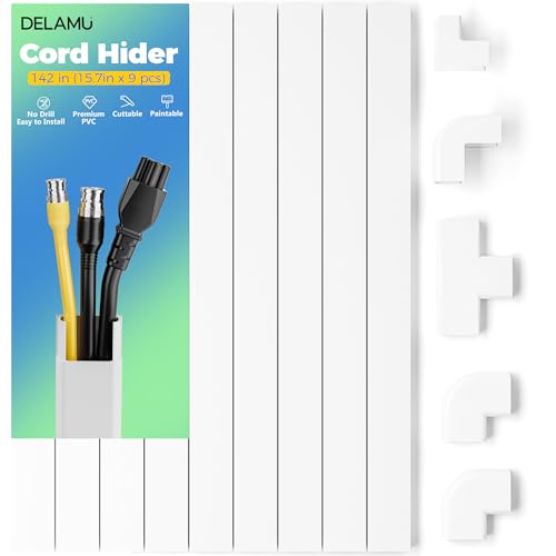 Delamu Cord Hider Cover, 142in TV Cable Concealer Kit for Wall Mounted TV with Management 2-3 Wires, Paintable Cable Cover for Floor, Easy Install, W 0.94 H 0.47in, White - color: White, size: 142in L X 0.94in W X 0.47in H