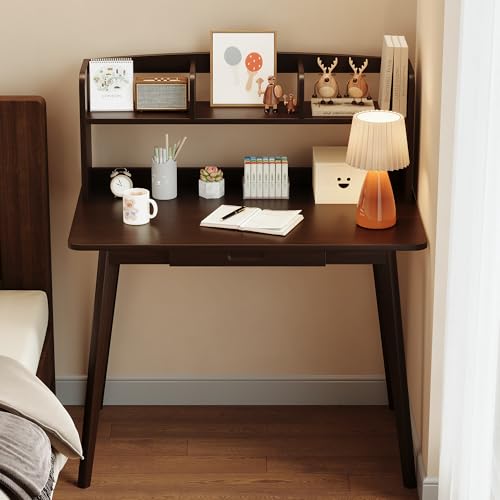 IOTXY Small Writing Desk with Hutch - 39.4" Work Computer Study Table - color: Black Walnut