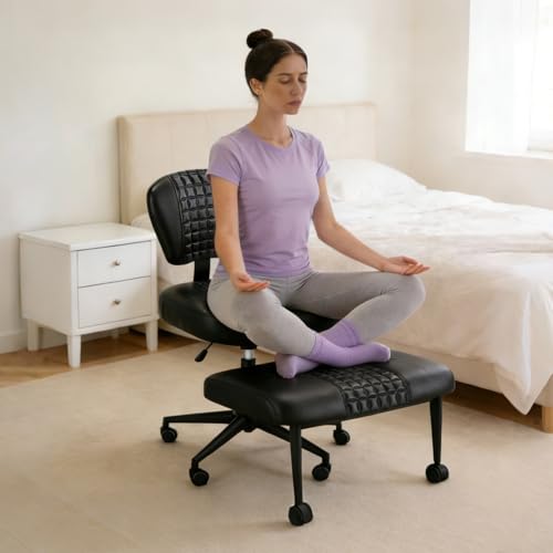 Ergonomic Cross Legged Office Chair with Footrest, 360° Swivel Height Adjustable PU Criss Cross Chair, Wide Seat & Back Support for Home Office, ADHD, Black - color: Black