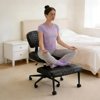 Ergonomic Cross Legged Office Chair with Footrest, 360° Swivel Height Adjustable PU Criss Cross Chair, Wide Seat & Back Support for Home Office, ADHD, Black - color: Black