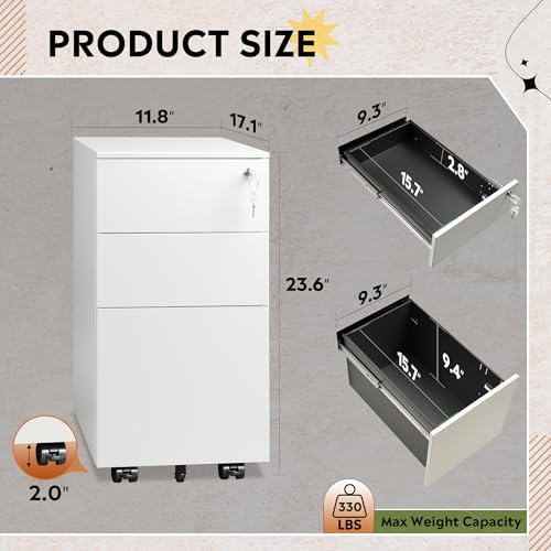 DEVAISE 3 Drawer Slim File Cabinet with Lock, Fully Assembled | Under Desk Metal Filing Cabinet with Wheels for Home Office, Fits Legal/Letter/A4 File, - White - color: White, size: Narrow 17"D x 12"W x 24"H