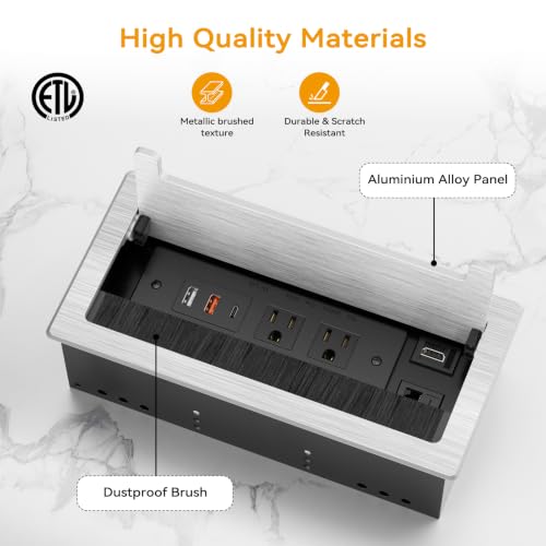 Conference Table Power Hub with HDMI, Tabletop Connectivity Box with RJ45 + 20W USB C + 2 USB A + 2 AC Outlets, Flush Mount Desk Power Outlet for Office School, Silver