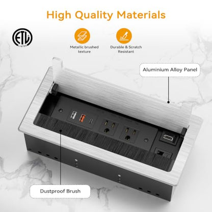 Conference Table Power Hub with HDMI, Tabletop Connectivity Box with RJ45 + 20W USB C + 2 USB A + 2 AC Outlets, Flush Mount Desk Power Outlet for Office School, Silver