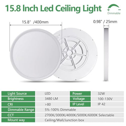 4PK 15.8Inch Dimmable White LED Flush Mount Ceiling Light,32W,3480LM,5CCT | 2700K/3000K/4000K/5000K/6000K CCT, White Close to Ceiling Round Flat Panel Light, Super Slim LED Ceiling Light for Bedroom - color: Dimmable - White