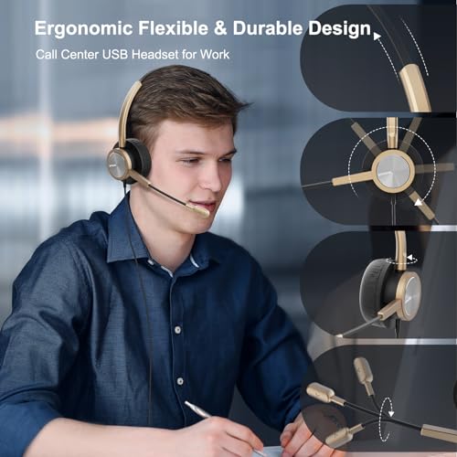 Wired Gold USB Headset with Noise-Canceling Microphone for PC, Lightweight Office USB Headphones for Call Center Office Remote Work, for Teams Zoom 3CX WebEx Calls, E-Learning & Dictation