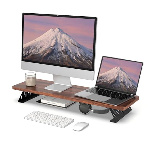 Fenge Monitor Stand Riser, Wooden & Metal Desk Shelf Organizer, Brown - color: Brown, size: 31.5 Inch