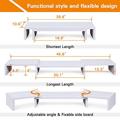SUPERJARE Large Monitor Stand Riser, Adjustable Screen Stand for Laptop Computer/TV/PC, Upgrade Length Desktop Organizer - White