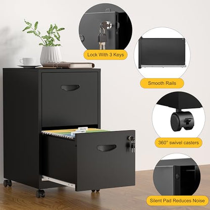 SteeLoong 2 Drawer File Cabinet,Metal Mobile File Cabinet with Lock Black | Filing Cabinet with Wheel,Vertical File Cabinet for Home Office,Under Desk Rolling File Cabinets for Hanging Letter/A4 - color: Black, style: 2 Drawer on Wheels