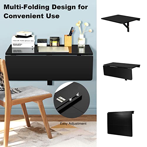 COSTWAY Wall Mounted Folding Table, 31.5" x 23.5" Drop-Leaf Floating Writing Desk for Small Spaces, Space-Saving Fold Down Laptop Workstation for Kitchen, Bedroom, Laundry Room, Study Room (Black) - color: Black