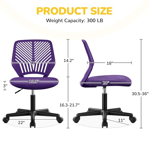 Yaheetech Student Desk Chair, Low-Back Armless Study Chair with Lumbar Support, Adjustable Swivel Office Chair for Home Bedroom School, Purple - color: Purple