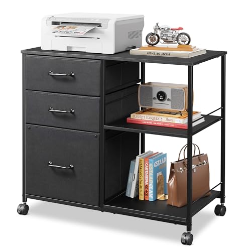 DEVAISE 3 Drawer Mobile File Cabinet with Open Storage Shelf | Rolling Printer Stand, Fabric Lateral Filing Cabinet fits A4 or Letter Size for Home Office, Black - color: Black