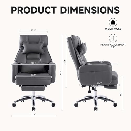 Swivel Ergonomic Office Chair with Footrest, High Back Executive Chair with Lumbar Support and Headrest, 155° Reclining Leather Desk Chair with Thick Cushion for Manager Office (Dark Grey)