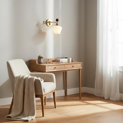Nordic Adjustable Swing Arm Wall Sconce - 6" Gold Wall Mounted Light Frosted Glass Shade, E27 Vintage Brass Wall Lamp for Bedroom, Reading Nook, Home Office, Parlor