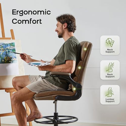 amseatec Drafting Chair, Tall Office Chair with Footrest for Standing Desk | 3-zone backrest and dual-layer cushion add comfort; 90° flip-up armrests plus adjustable foot ring fit counter-height tables - color: Tan
