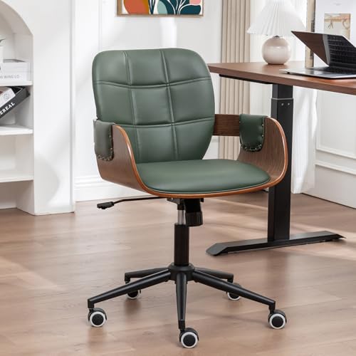 Mid Century Modern Desk Chair, Faux Leather Office Chair with Walnut Finish | Ergonomic Curved Back, Bentwood Frame, 360° Swivel & Rocking Function, Height Adjustable 19"-23", Support Up to 350 lbs - color: Walnut Green