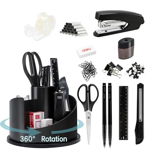 deli Office Supplies Set, Desk Accessory Organizer Kit, Black - color: Black