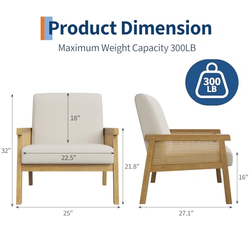 Garvee Linen Accent Chair, Rattan Armchair with Wooden Frame, High Back, Upholstered Reading Chair Leisure Chairs for Living Room Bedroom Waiting Room Reception, Beige - color: Linen, Beige