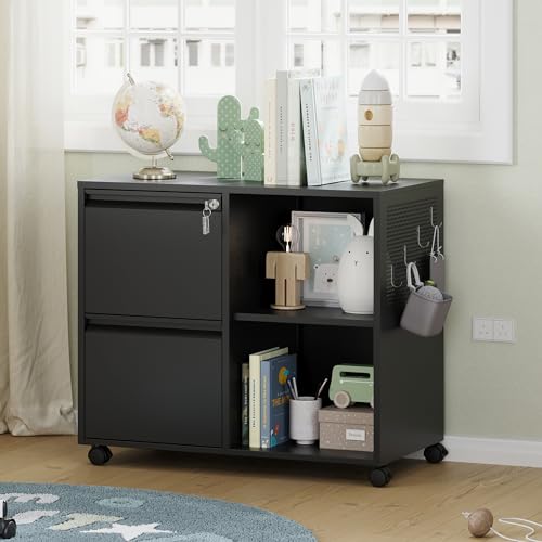 Letaya Mobile File Cabinet, Metal Lateral Rolling Printer Stand Filing Cabinets with Shelves for Home Office-Storage A4/F4 (Black) - color: Black, size: Left 2 Drawers-Basic