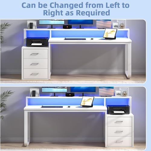 MaverickFurni 67" White Office Desk with 3 Drawers and LED Lights - color: White