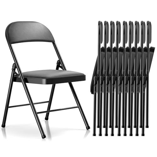 Fenbeli 10 Pack Padded Folding Chairs with Cushion, Black PU Leather Foldable Chairs for Church, Banquet, Events & Commercial, 330-Pound Heavy-Duty Steel Frame, Auto-Lock Hinge, Wipe-Clean, Folds Flat - color: Black, size: Set of 10