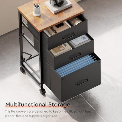Maihail 3 Drawer File Cabinet with Wheels with Open Storage Shelf, Rustic Brown - color: Rustic Brown