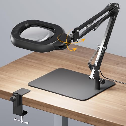 Square Magnifying Desk Lamp, Magnifying Glass with Light and Stand | 10X Dimmable LED Hands-Free Mag Magnifier Lamp with Clamp and Base, Swing Arm Light for Close Work, Reading, Crafting, Black