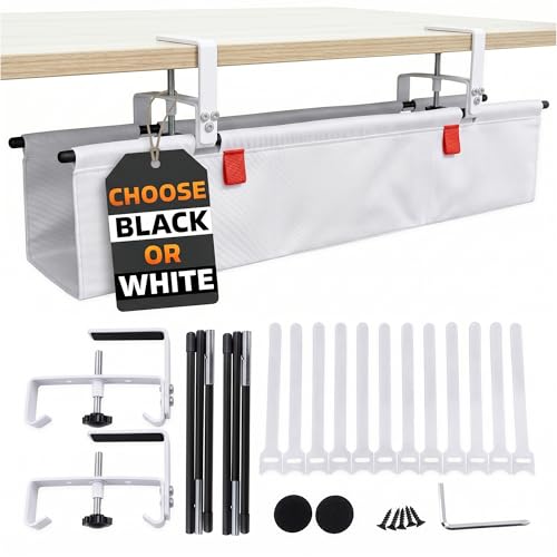 Under Desk Cable Management Tray 28" — No Drill Clamp-On Cord Organizer for Desk with Built-in Ties, Heavy Duty Metal Clamp, Foldable 600D Oxford Fabric for Home Office, WFH & Gaming PC Setup (White) - color: White, size: 28 x 5,2 x 5,3
