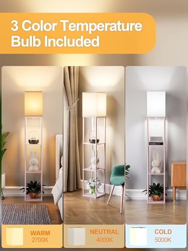 Pink Floor Lamp with Shelves for Living Room, Shelf Floor Lamp with 3 CCT LED Bulb, Corner Display Standing Column Lamp Etagere Organizer Tower Nightstand with White Linen Shade for Bedroom, Office - color: Pink
