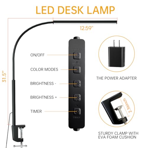 LED Desk Lamp with Clamp, 1200 Lm Eye-Caring Desk Light for Home Office,Pro - color: Black, size: Plus
