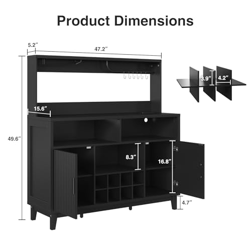 Fluted Buffet Cabinet with Storage, Modern Coffee Bar Cabinet, Black - color: Black, size: Coffee Bar - 15.6"D x 47.2"W x 49.6"H