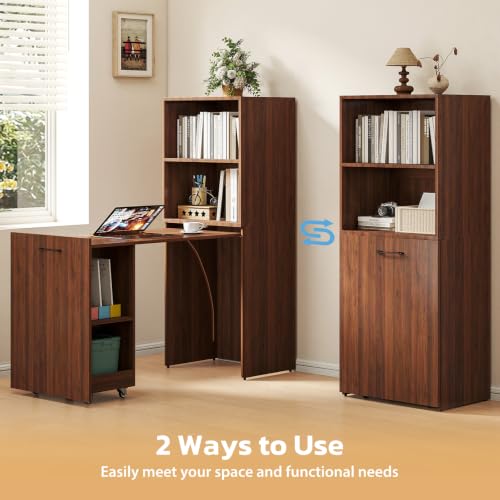 Zevemomo Folding Desk, Convertible Table with Shelves & Wheels - Walnut | Folding Desk with Storage, Craft Cabinet with Fold Out Table, Compact Computer Desk for Small Space, Reversible L Shaped Desk - color: Walnut